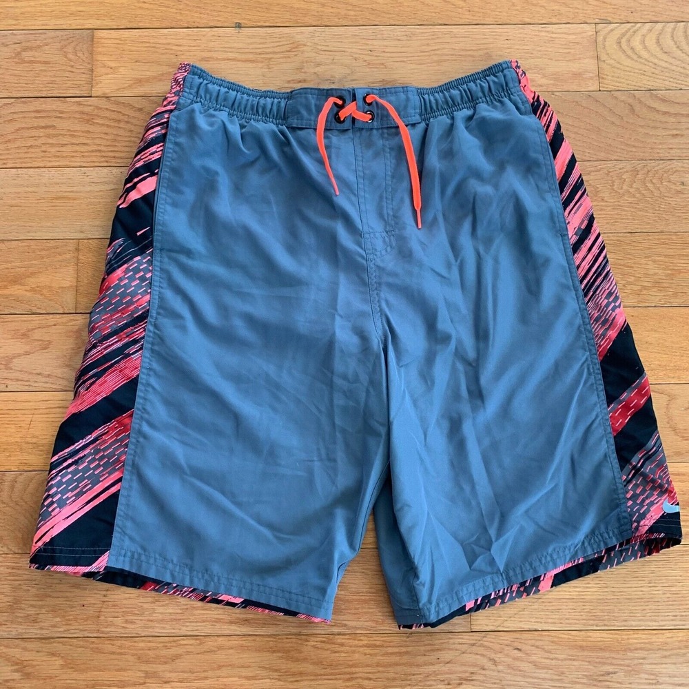Nike Swim Trunks Mens L Gray Pink‎ Board Shorts Swoosh Swim 80's Vibe